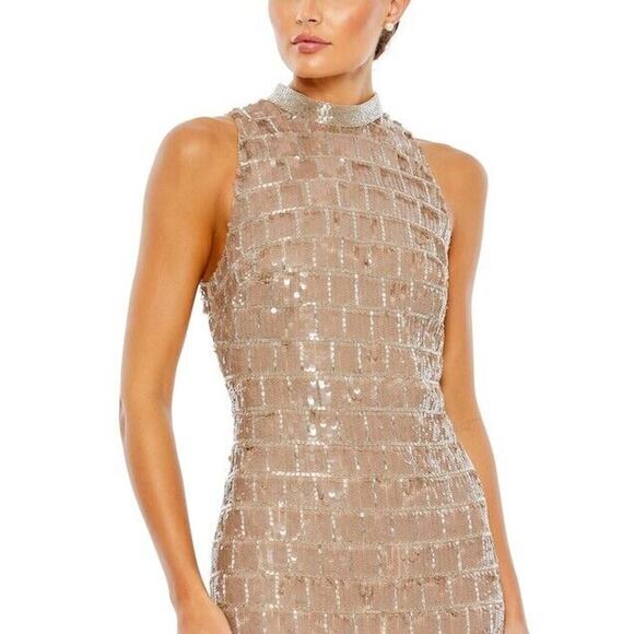 NWT Mac Duggal High Neck Column Gown Maxi Dress Sleeveless Sequined Taupe Size 8 - Picture 3 of 11